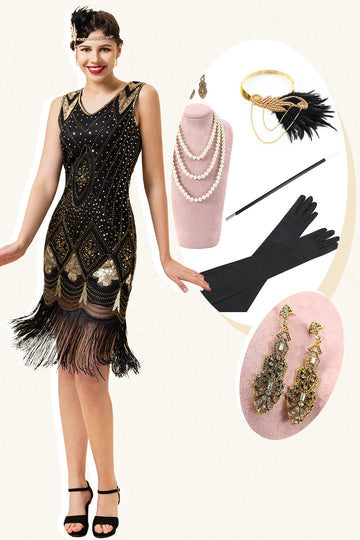 Svarte og gylne paljetter frynser 1920-tallet Gatsby Flapper kjole med 20-talls tilbehør sett